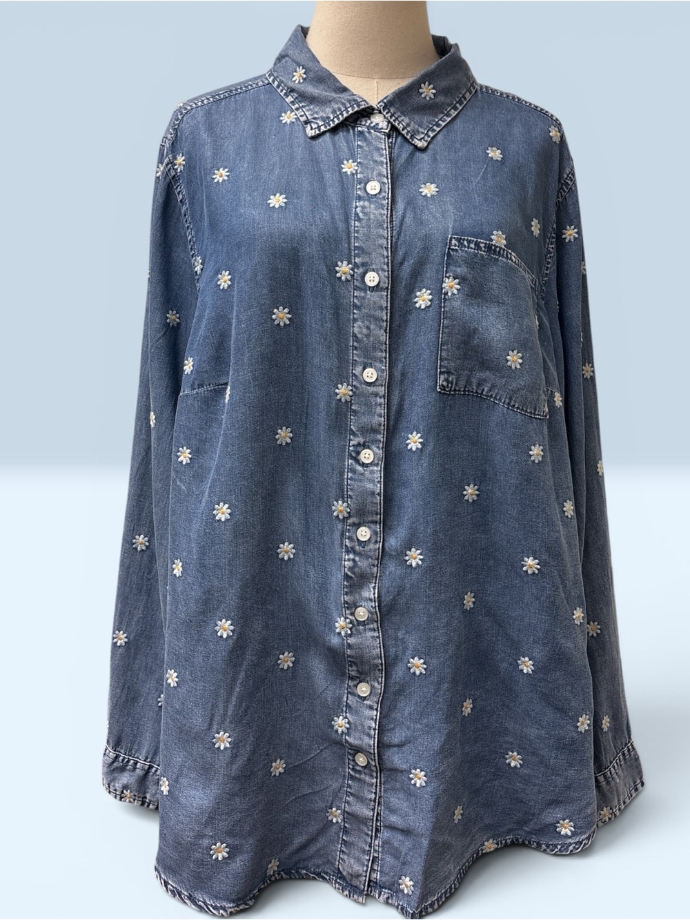 Torrid Distressed Blue Chambray Shirt with White & Yellow Daisy Detail